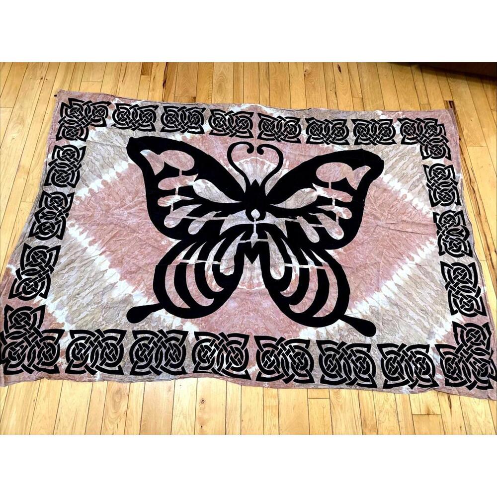VTG 90s Butterfly Wall Hanging Tablecloth Brown TieDye Tapestry Celtic Knot Boho